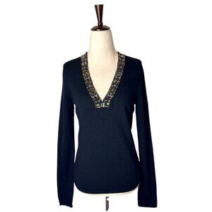 White + Warren Sweater Women Medium Black Cashmere Knit Beaded Neck Quiet Luxury